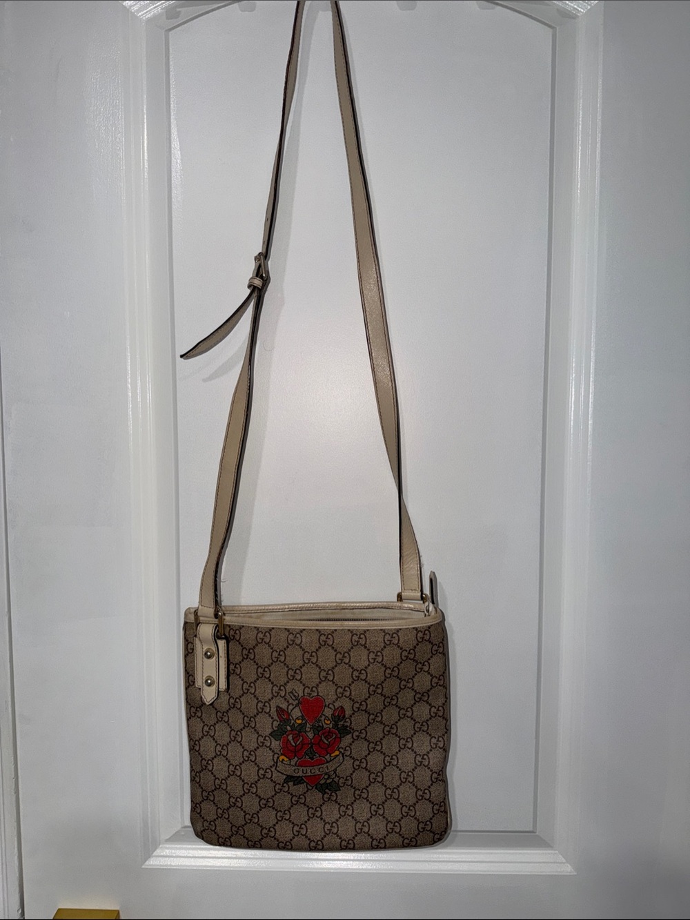 Gucci Beige Monogram Crossbody with Red Heart Crest